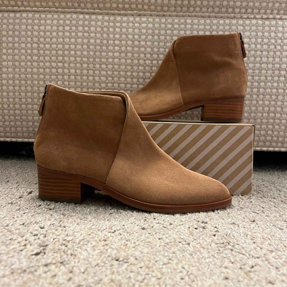 Soludos Tan Ankle Booties with Diagonal Heel Pattern
